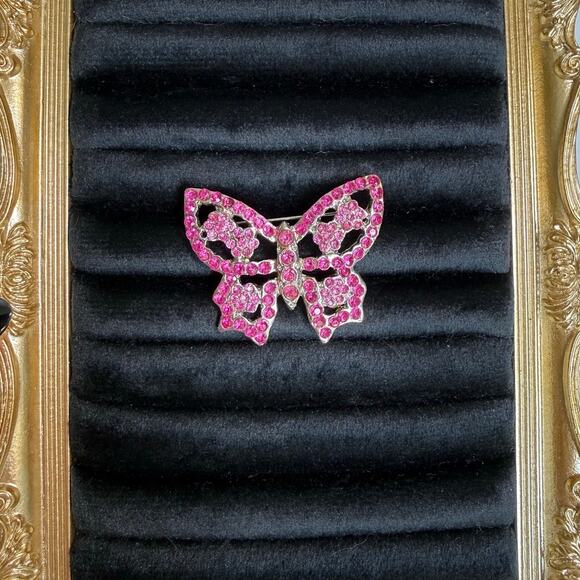 Butterfly Jewelry - Vintage Pink Rhinestone Butterfly Brooch Pin Silver Tone Statement Jewelry